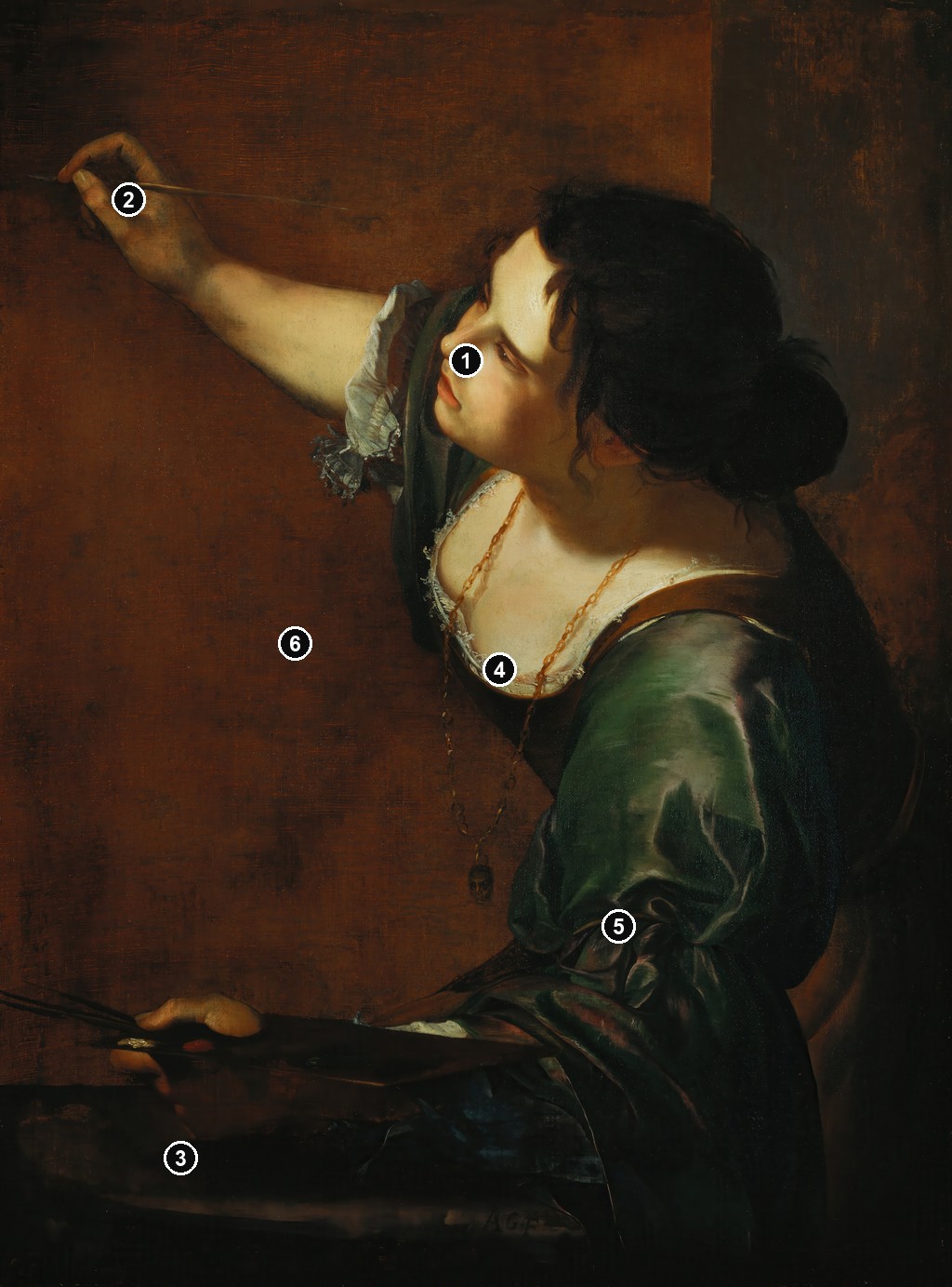 Annotated details from Self-Portrait as the Allegory of Painting by Artemisia Gentileschi